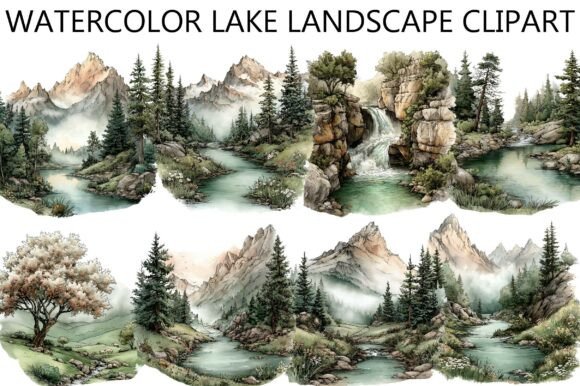Download Watercolor Lake Landscape Clipart - Premium Bundle